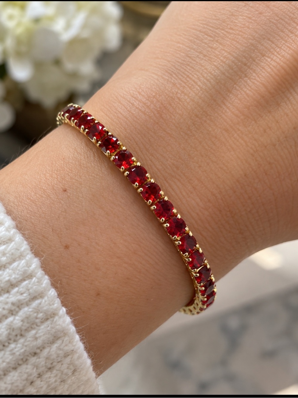 14K Gold Red Ruby Tennis Bracelet 4mm Simulated CZ Ruby Adjustable 6.6-7.2in